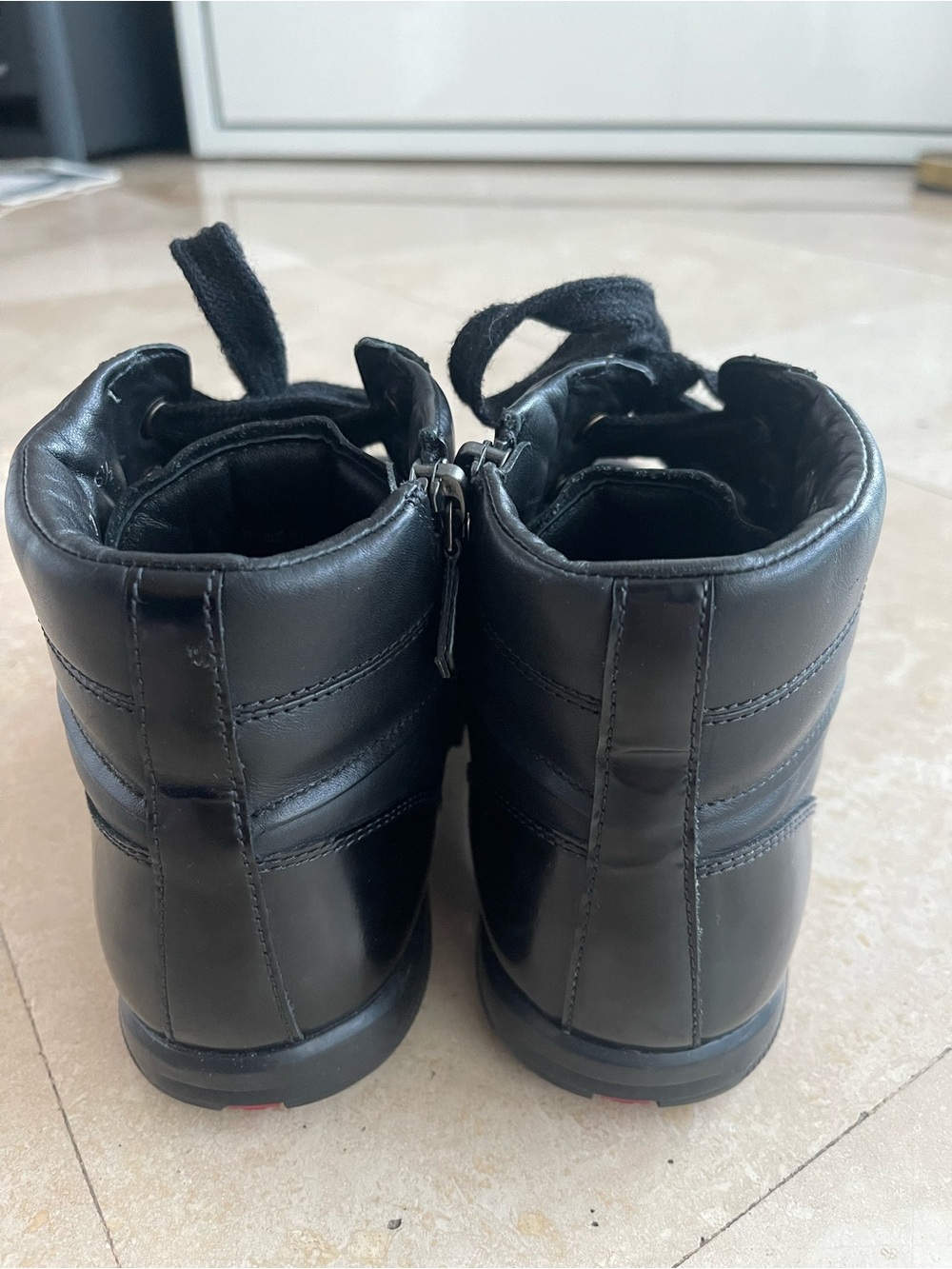 Prada Black Leather High Top Sneakers Red Logo Tab - Picture 4 of 10
